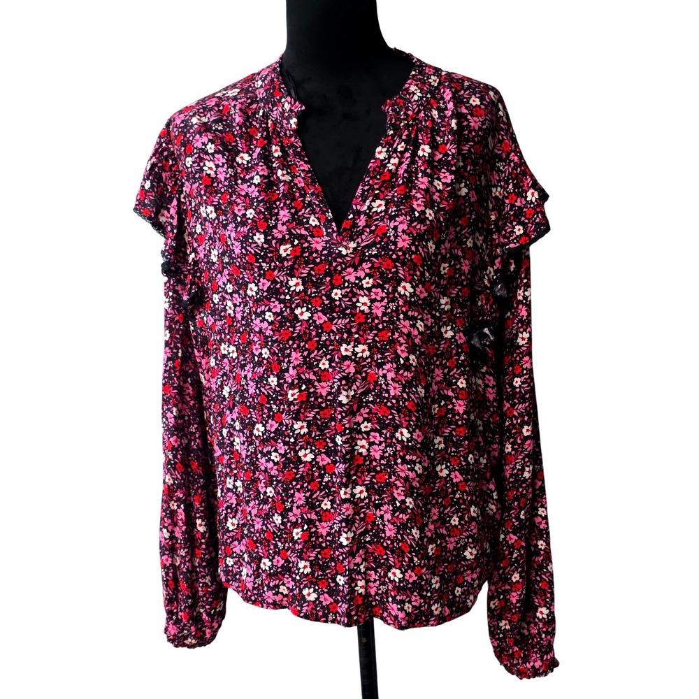NWT Koko+ Mason Floral Print Ruffle Sleeve V Neck Blouse Women's Top Size  L‎